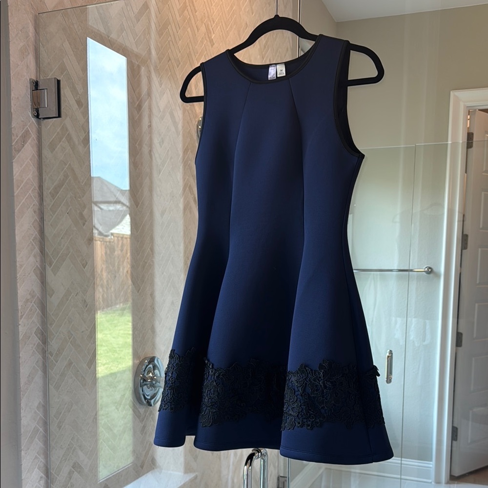 Alya Navy Blue Dress with Black Lace Trim
